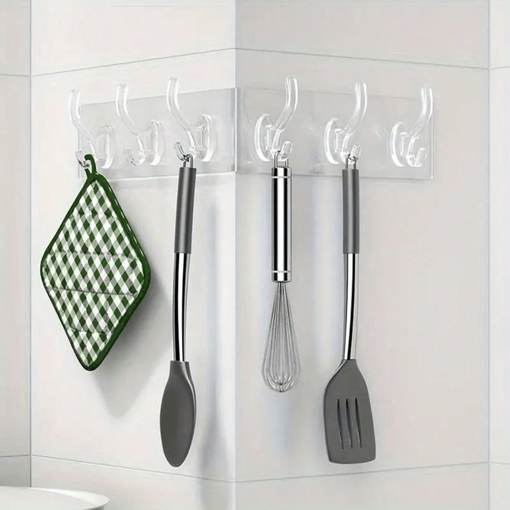 Colgador de fila de acrílico, Gancho de pared adhesivo, Estante de 6 ganchos sin rastro para colgar ropa, toallas, llaves y otros artículos, Adecuado para cocina, dormitorio