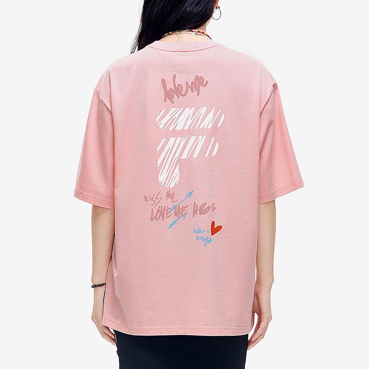 FILA Fusion Ins Style Colorful Letter Logo Sports Casual Round Neck Short Sleeve Drop Shoulder T-Shirt Unisex Tops Pink T11U216103F-PK