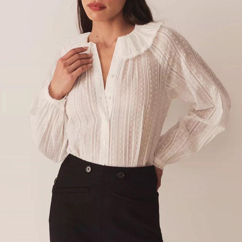 

French Minority Col Claudine Top White Loose Long Sleeves Shirt Retro Jacquard Solid Color Vertical Stripes Thin Shirt White(Jacquard Shirt) L