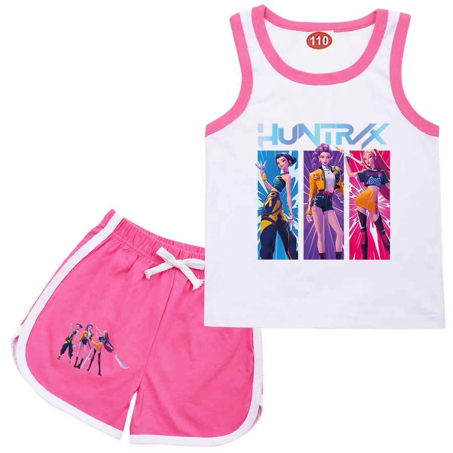 Kinder Mädchen Anime Cartoon K-Pop Rumi Aufdruck Baumwolle Ärmelloses T-Shirt Tanktop Shorts Kleidung Set
