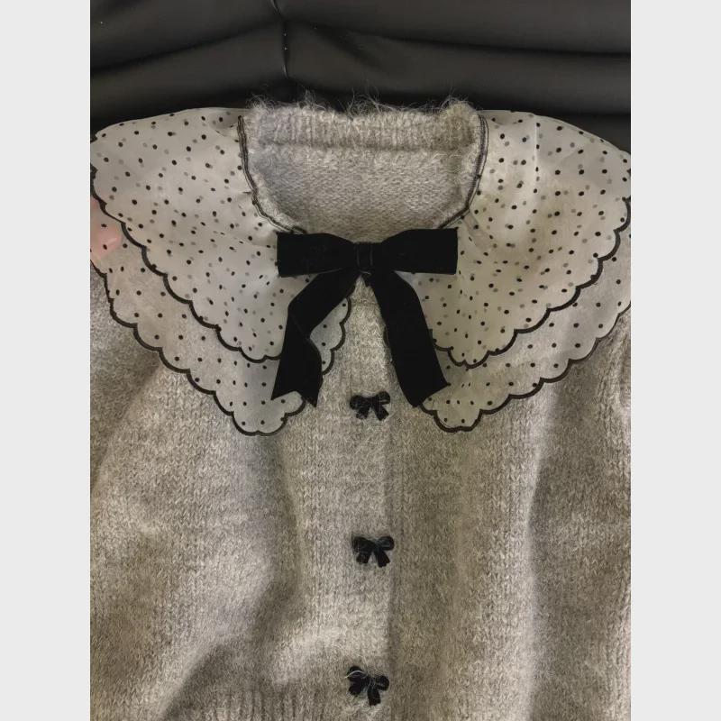 Women's Cozy Gray Knit Cardigan with Doll Collar - Korean Autumn/Winter Style