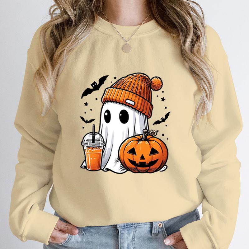 Women Fashion Creative Halloween Ghost Pumpkin Bat Print Pullovers Ladies Long Sleeves Halloween Hoodeless Sweatshirts