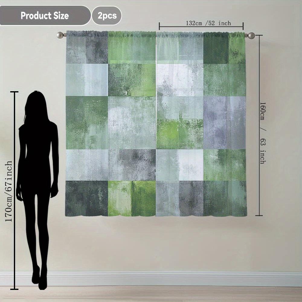 Green Gray Mottled Block Print Curtains Set of 2 Rod Pocket Semi Sheer for Living Room Bedroom Decor