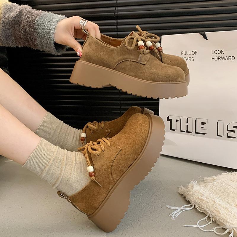 Retro beaded women's autumn new lace-up loafers, thick-soled heightening Boken kangaroo shoes