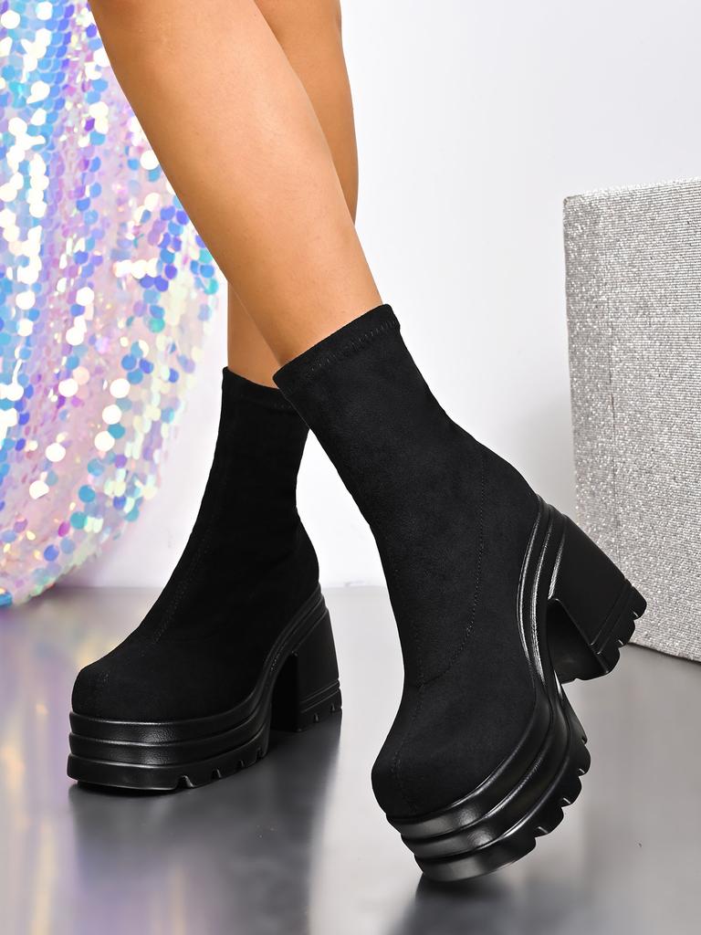 Fashion Autumn and Winter Black Long Boots for Women Platform Large Size Round Head Chunky High Heels Bota Feminina Elastic Knight Boots