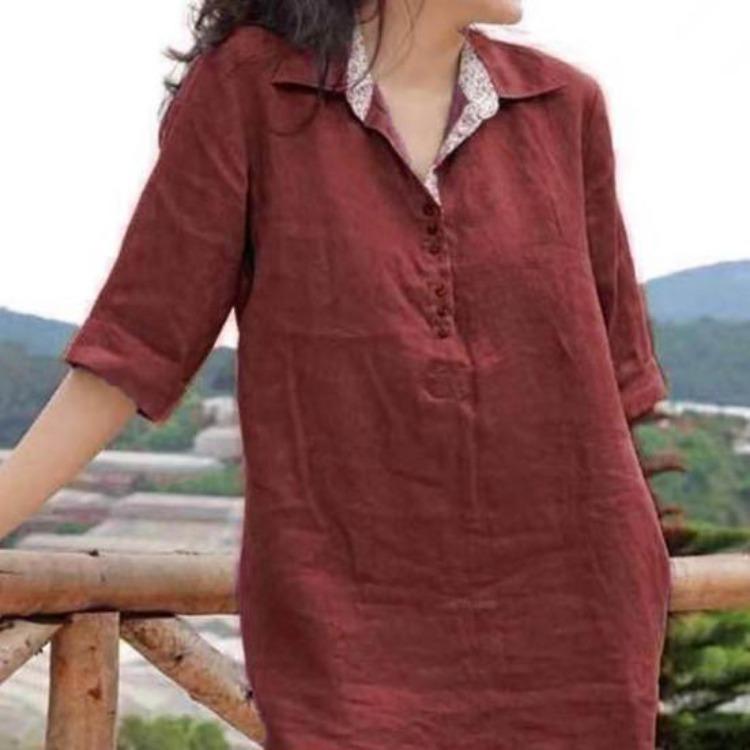 Summer Casual Soft A-line Midi Dress Women Lapel Knee Length Loose Three Quarter Sleeves Solid Color Spring Summer Dress