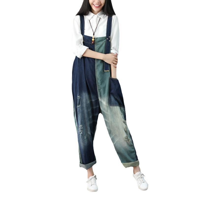 Spring and Summer Distressed Jeans, Color Matching Holes, Women's Plus Size Overalls, Big Crotch, Wandering, Personality, All-match