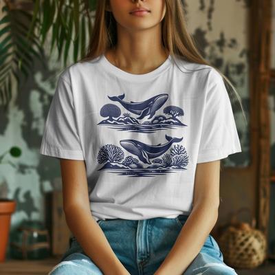 T-shirt con balena che nuota, vibes oceaniche, Maglietta barriera corallina, Top fauna marina sottomarina