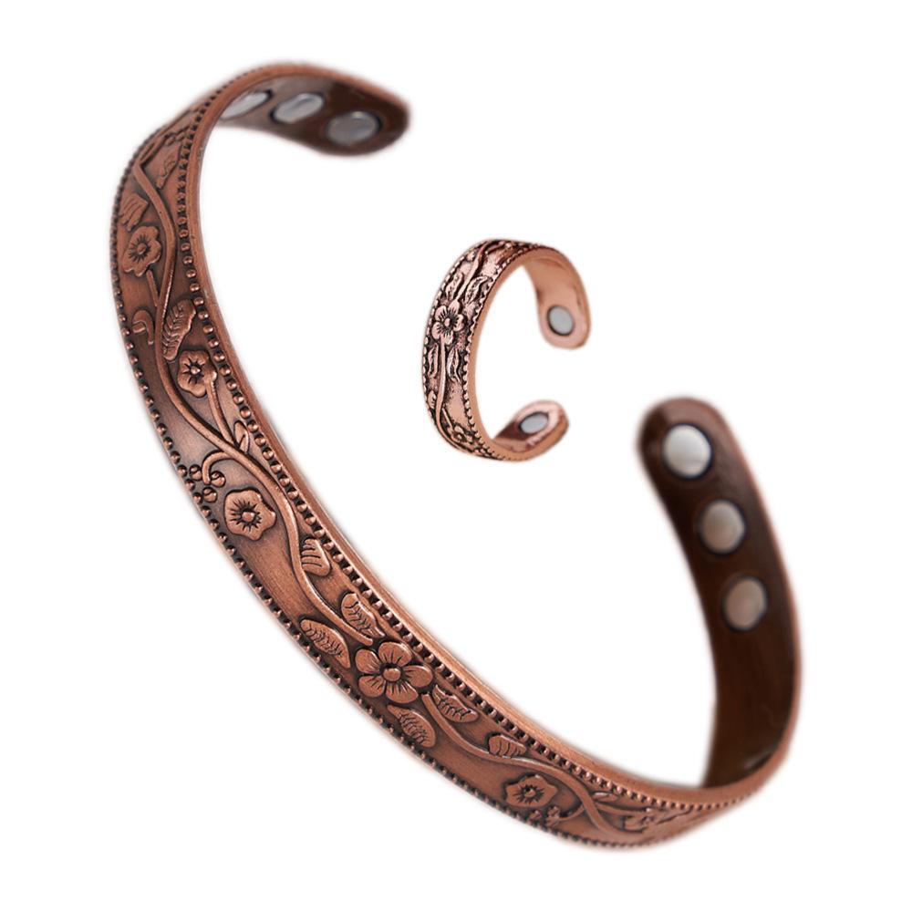 Plum Blossom Magnetic Bracelet Set: Vintage Flower Ring, Adjustable Unisex Red Copper