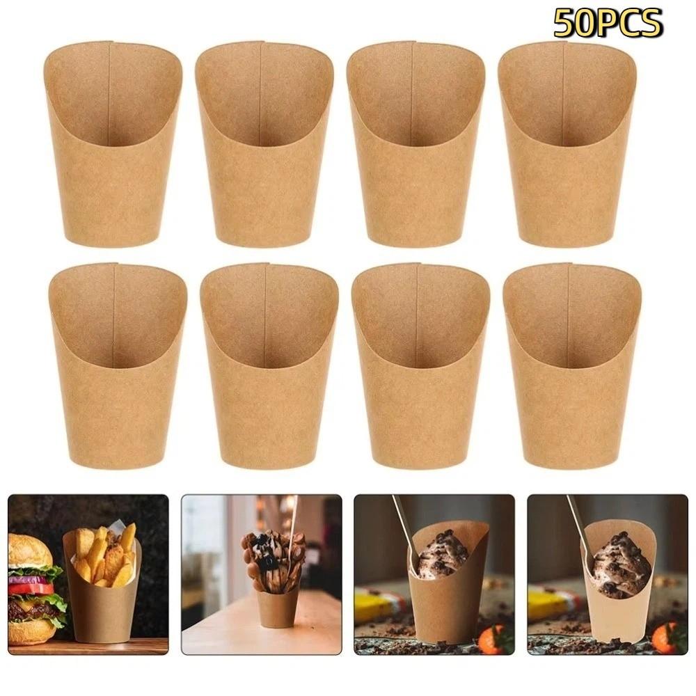 50PCS Oil-proof Disposable French Fry Cup Water Proof Eco-Friendly Kraft Paper Slanted Mouth Cup Thickened Multi-functional