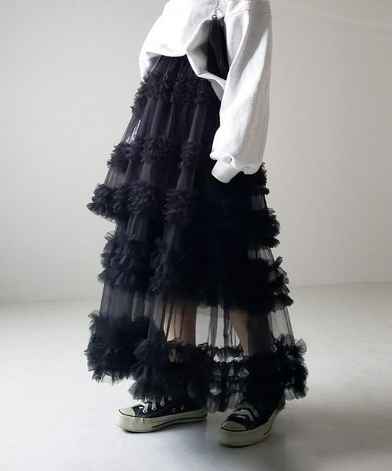 Japanese Style Spring/Summer Women's A-Line Midi Skirt with Anti-Exposure Hand-Stitched Three-Layer Net Yarn