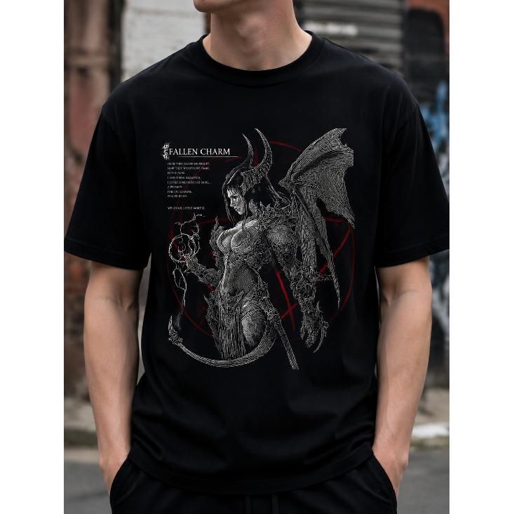 Men's Gothic Demon Succubus Graphic T-Shirt Dark Fantasy Horror Art Short Sleeve Crew Neck Soft Cotton Tee For Streetwear
