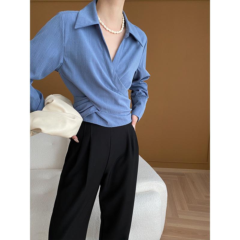 Cross Velcro Pinch Waist Non-iron Temperament Commuting Thin Shirt Early Spring