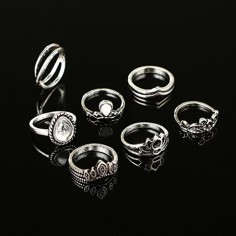 7 Pcs / Set New Arrival Flower Gemstone Carved Ring Set Bohemian Vintage Jewelry Women Accessories