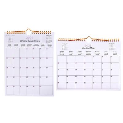 Calendrier 2026, 12 mois, multilingue, à spirale, mural, moderne et décoratif, idéal pour chambre, dortoir, appartement, famille ou école.