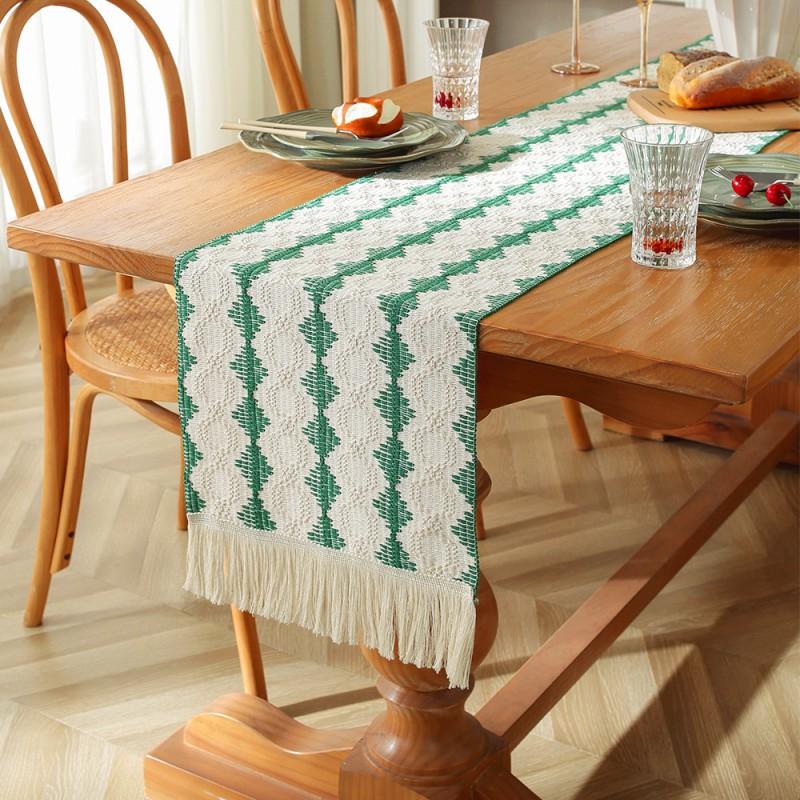 Cotton Linen Table Runner With Striped Patchwork Design Tassel Trim Modern Minimalist Long Cover Dining Room