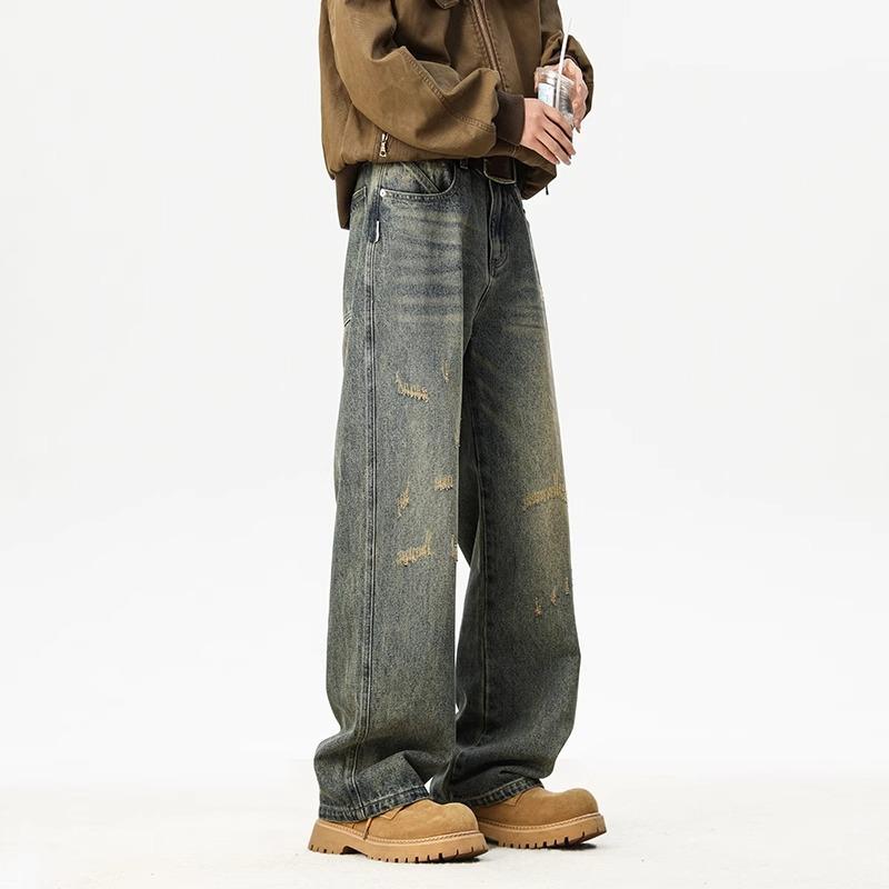 American retro washed ripped jeans men's trendy high street cat beard loose straight casual wide-leg trousers