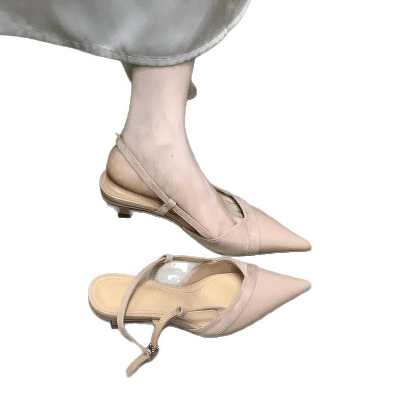 French pointed head temperament suede splicing bag head sandals wine glass heel summer new rear strap women's shoes commute