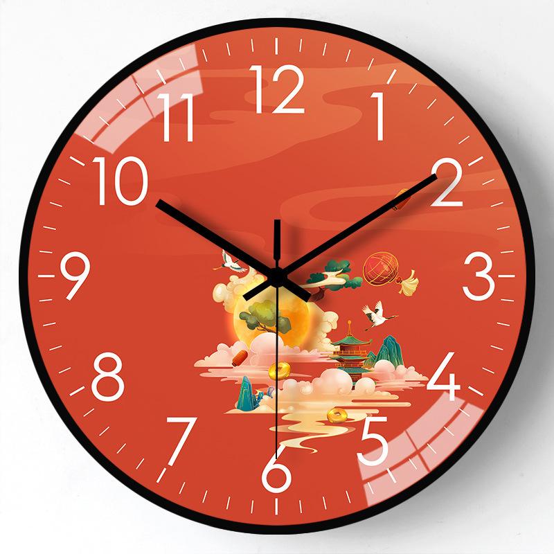 10-inch 25cm new Chinese style landscape wall clock home living room silent hole-free wall hanging clock decoration