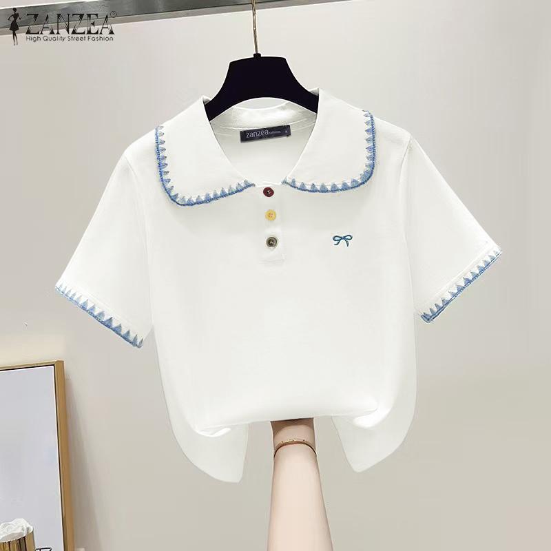 ZANZEA Women Lapel Neck Short Sleeve Stitching Embroidery Casual Tops Blouse