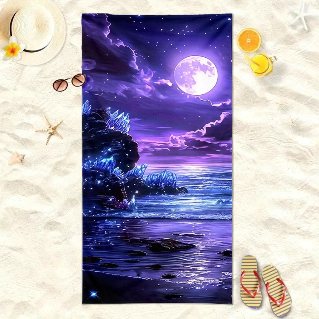 Purple Moon Beach Towel Night Sky Ocean Print Fantasy Design Quick Dry Soft Microfiber Bath Towel For Women Men Gift