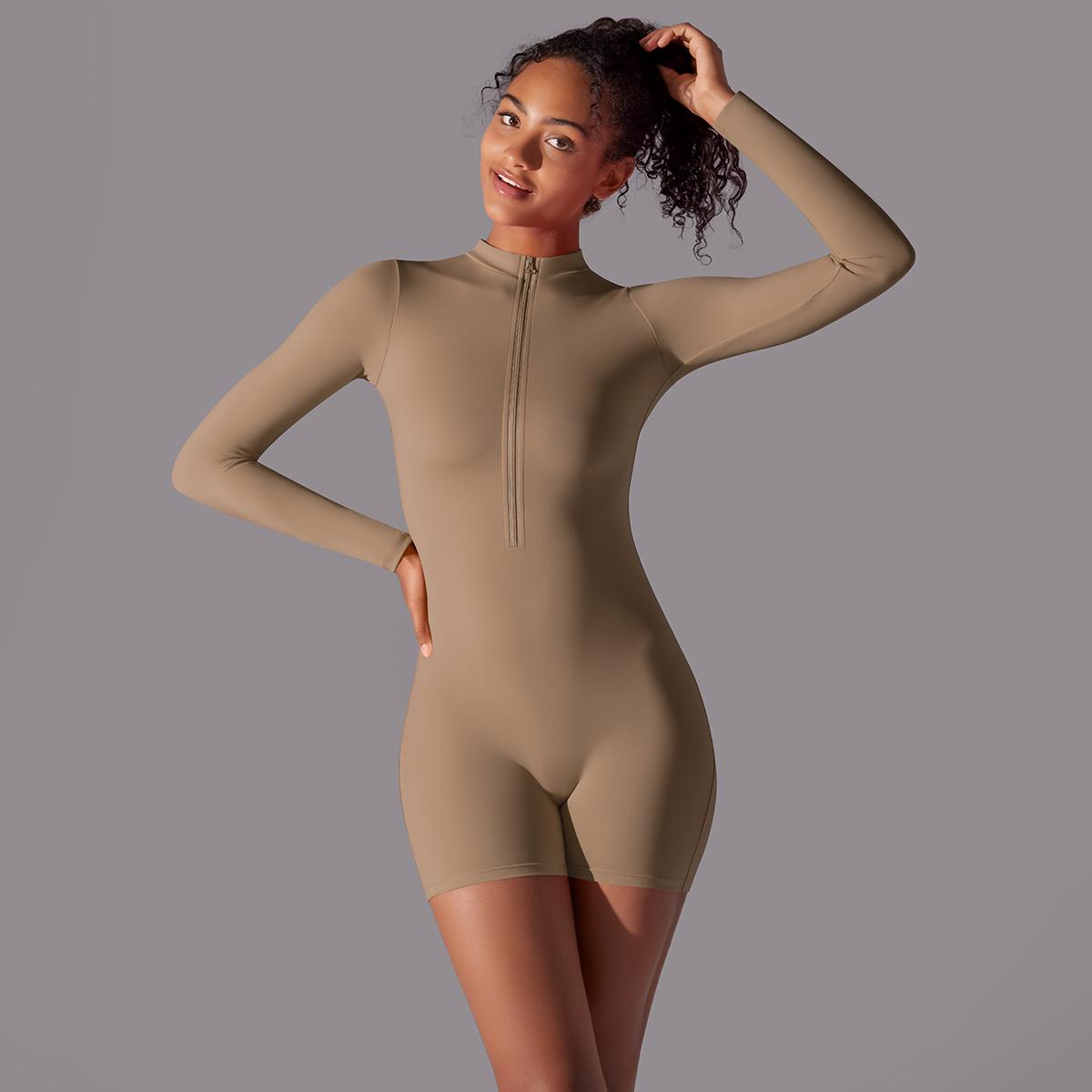 

Шорти Комбінезон для йоги Nessaj Високоеластичний жіночий спортивний комбінезон Однотонний спортивний костюм на блискавці M какао кольору