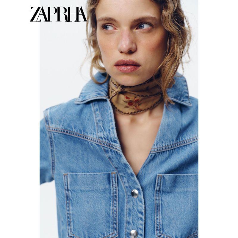 Zaprha 2025 Summer New Long Sleeve Lapel Pocket Wide Leg Adjustable Waist Denim Jumpsuit 0108022