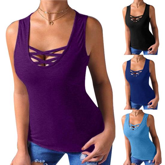 Plus Size Summer Solid Color Women Cross Strap Round Neck Tank Top Slim Fit Vest