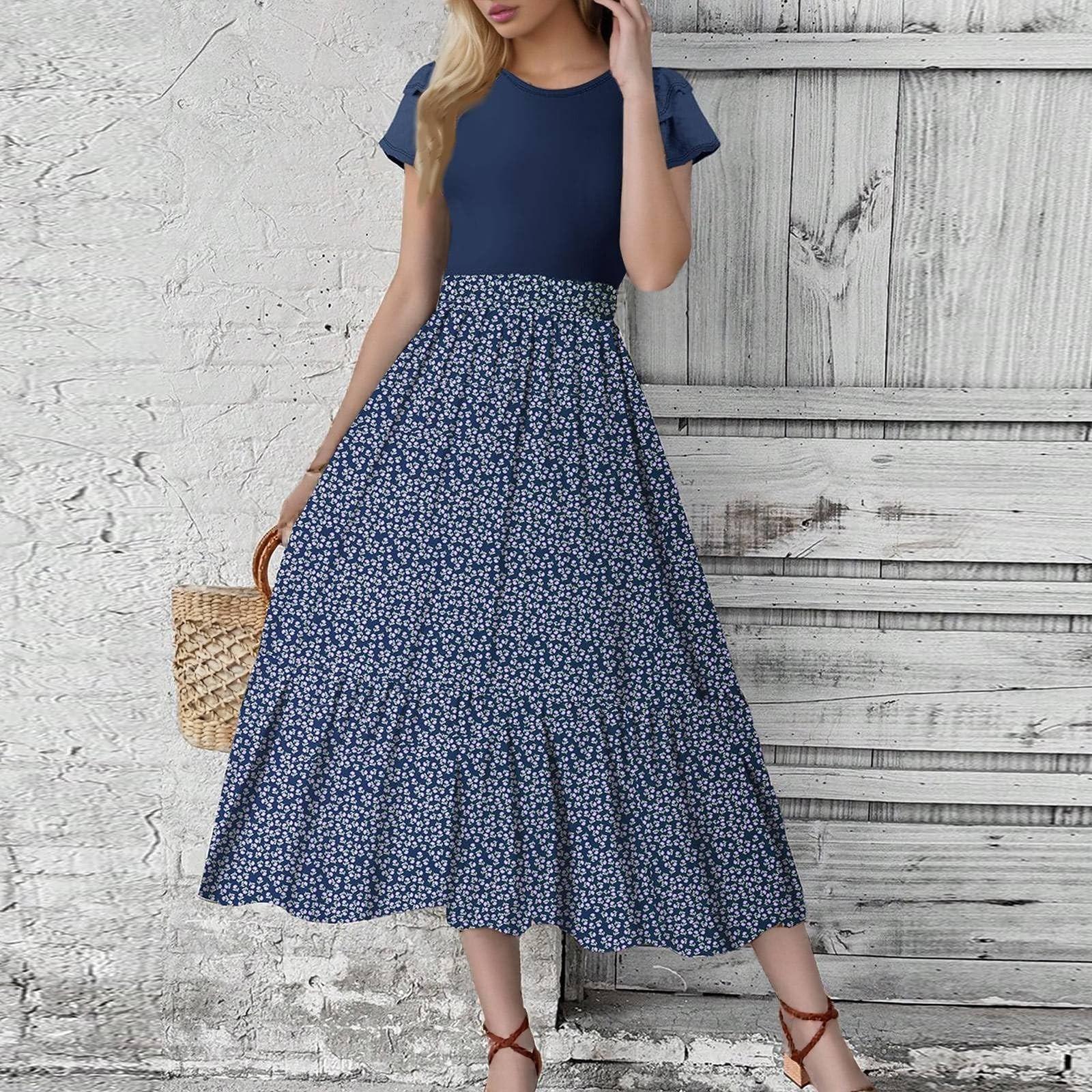 

Women s Floral Print High Waist Fashionable And Elegant Dress L синій