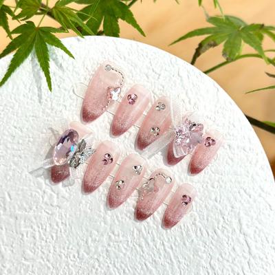 Women Press‑On Nails Pure‑Handmade Hand Painted Moonlight Powder Bow Removable False Nail Patches