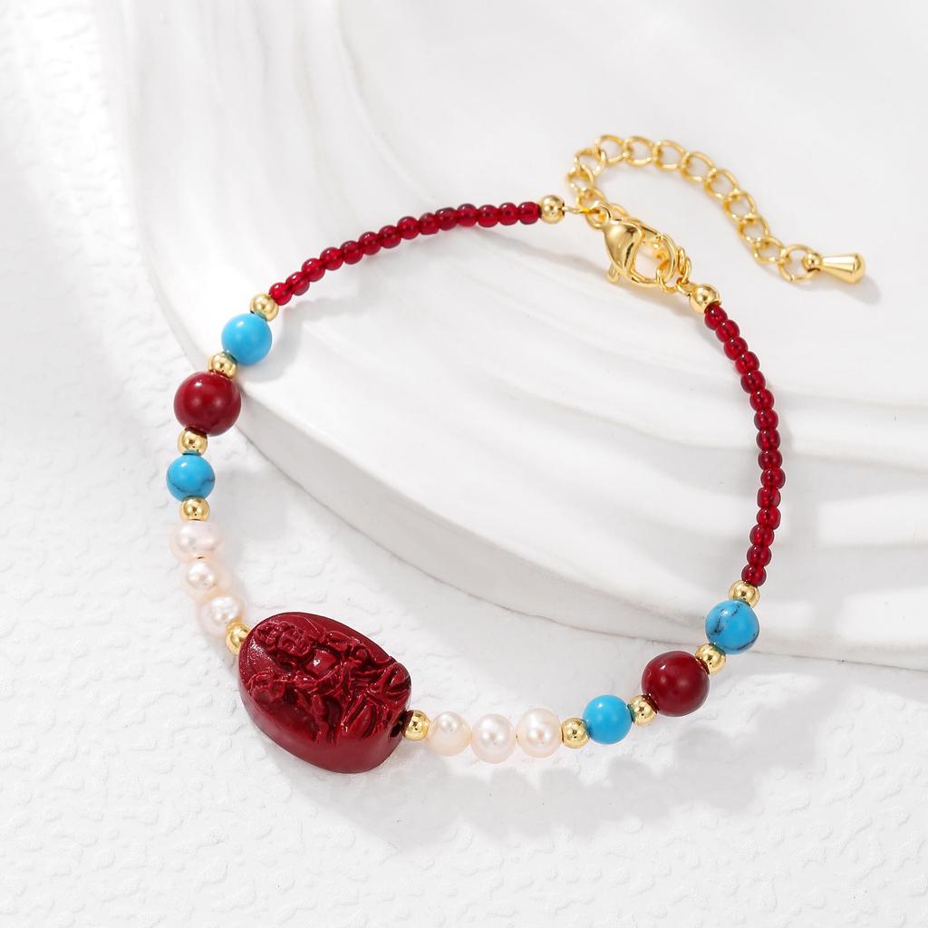 Natural Freshwater Pearl Cinnabar Buddha Beaded Bracelet Necklace - Vintage Chinese Hanfu Accessory