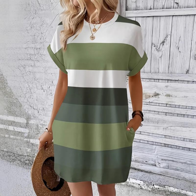 

Chic Plus Size Dress Summer Elegant Stripes Roll-Up Sleeves Pockets Comfortable & Casual Women s Dresses XL зелений