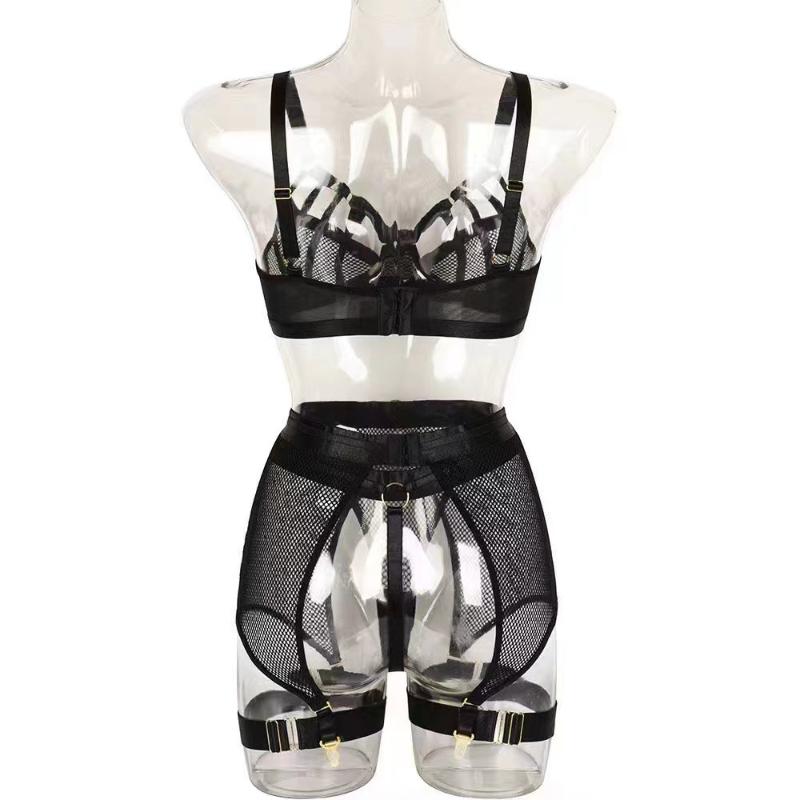 Lingerie Suit Women Mesh Hollow Underwear Metal Buckle Set Ultrathin Bra & Brief Sets G-String Garter Belt See Through Bra Set