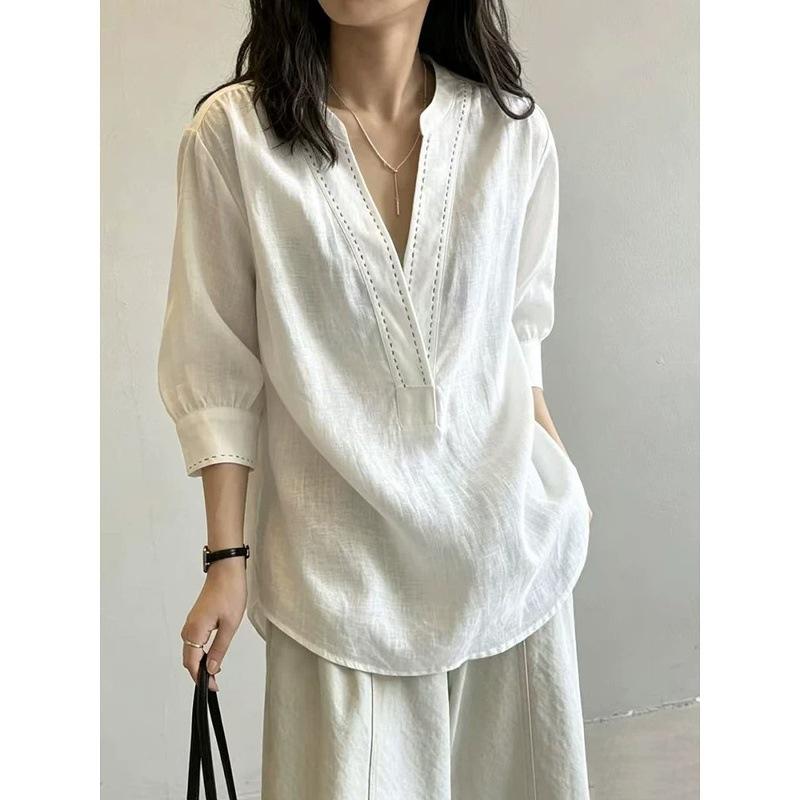 Old money wind wears v-neck white pullover linen shirt women's summer temperament lazy loose cotton and linen top