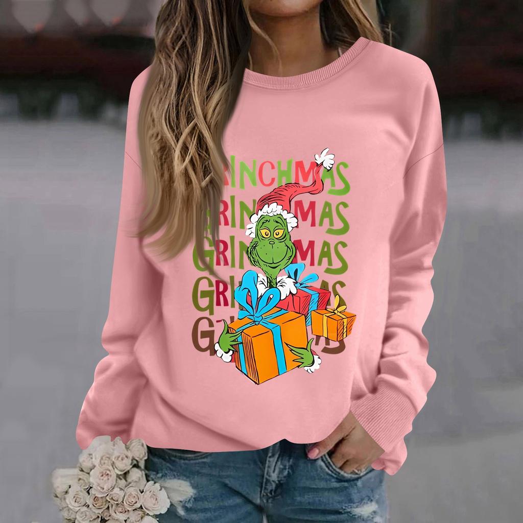 Women's Fashion Casual Long Sleeve Solid Color Christmas Printed Round Neck Top Sweatshirt