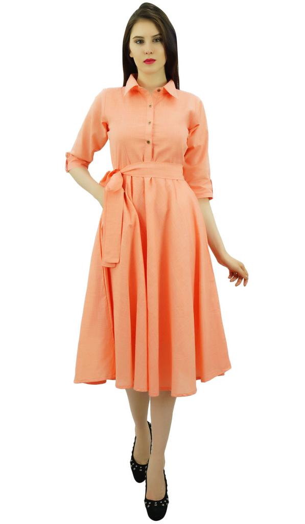 Bimba Women's 3 4 Sleeve Linen Collar Neck Solid Flared Shirt Dress with Side