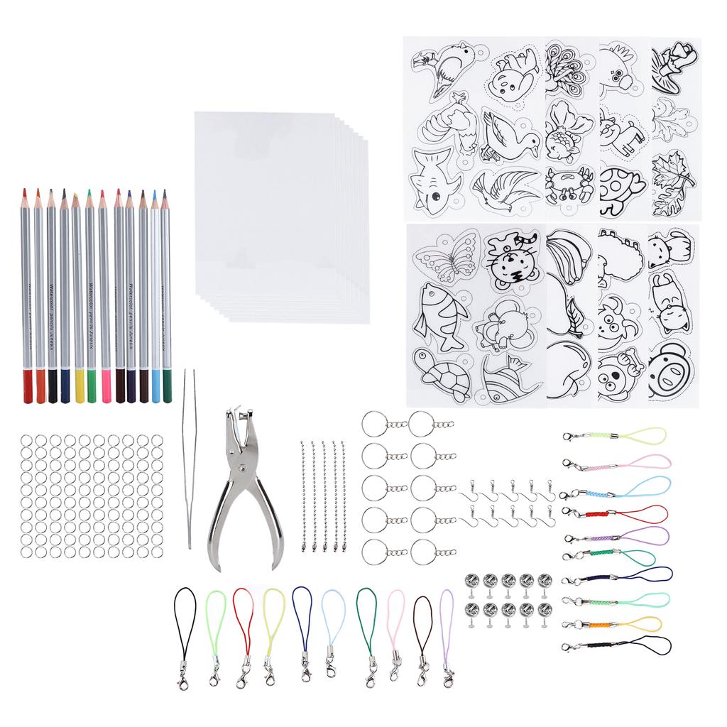 Heat Shrink Sheet Set Complete Shrink Plastic Sheet Kit with Colored Pencils for Key Chains Jewelry Toys Making Gift