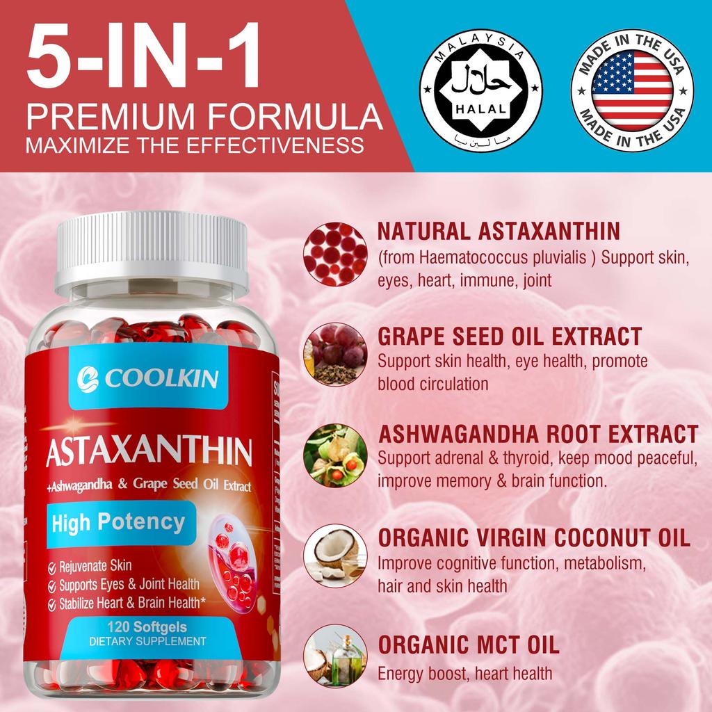 Capsule di ASTAXANTINA - Vitamine biologiche ad alta potenza da Haematococcus pluvialis – circolazione sana, umore, cognizione e salute dei capelli
