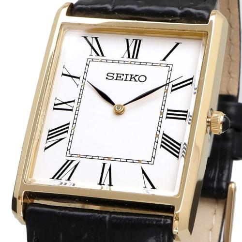 Seiko Men's Square Design Quartz Watch SWR052 with White Dial and Black Leather Band