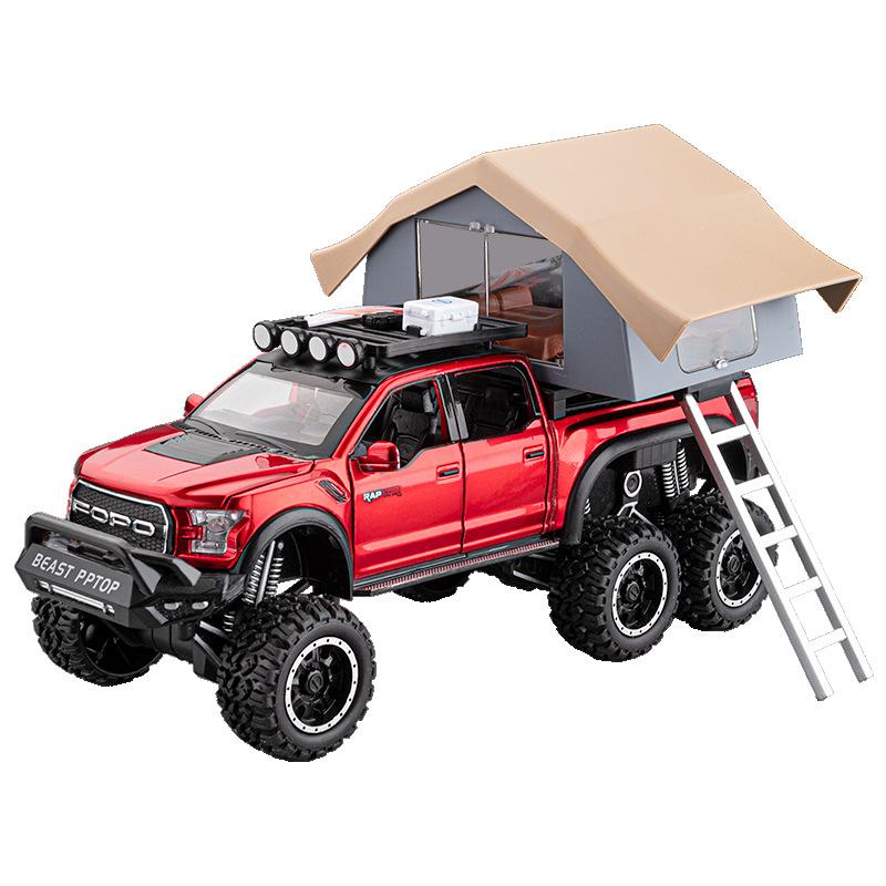 LLI6 1:28 Ford F150 Raptor RV With Tent Alloy Model Car Toy Diecasts Metal Casting Sound and Light Car Toys For Children Vehicle