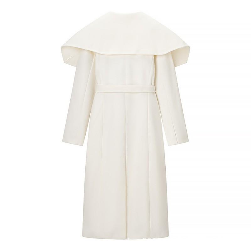 Womens Winter White Wool Blend Trench Coat With Belt Loose Fit Collar Long Sleeve Street Style