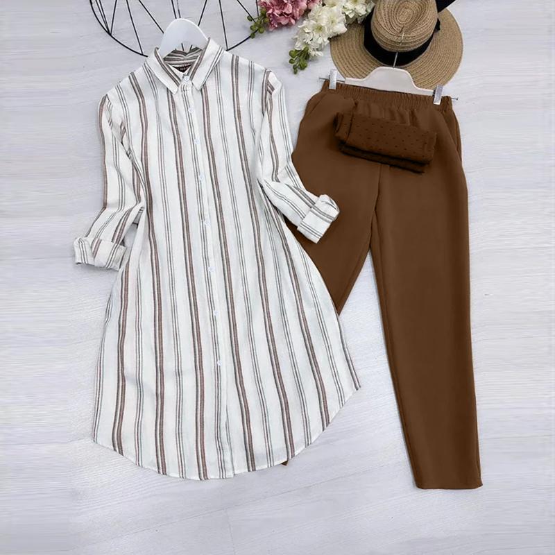 

ZANZEA Women Stripe Long Blouse and Pants Casual Two Piece Suit Sets 5XL коричневий