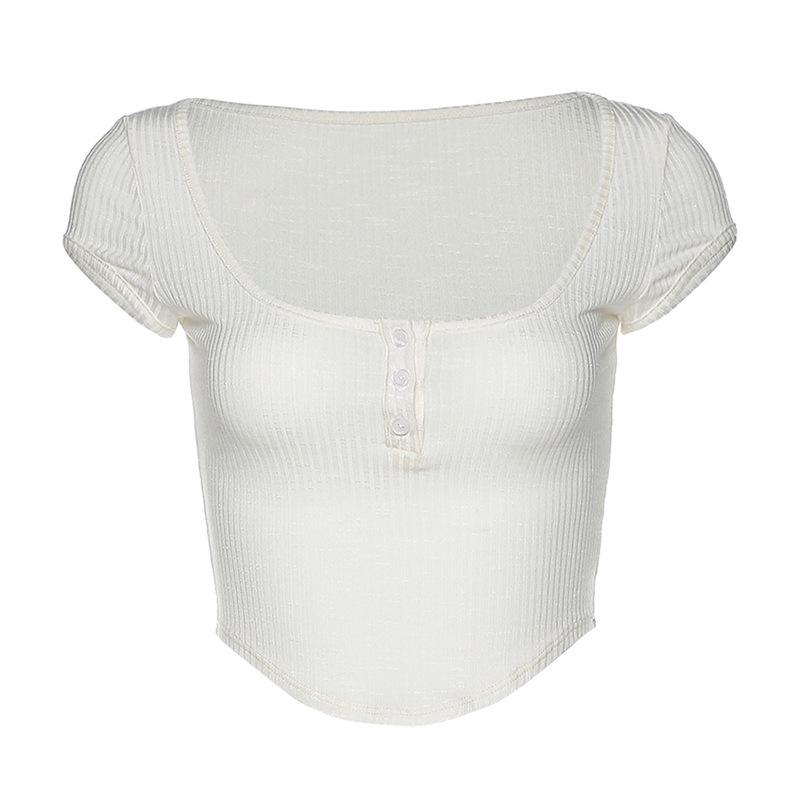 

2026 European & American Fashion Women s U-Neck Short-Sleeve Slim-Fit Solid Crop Top T-Shirt Large белый