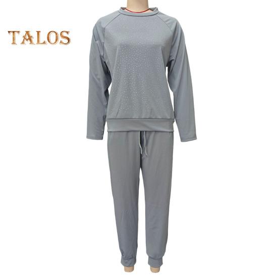 2 Teile/satz Frauen Top Hosen Anzug Strass Dekor O Hals Langen Ärmeln Patchwork Sport Sweatshirt Elastische Taille Hose Fitness Outfit Herbst frühling