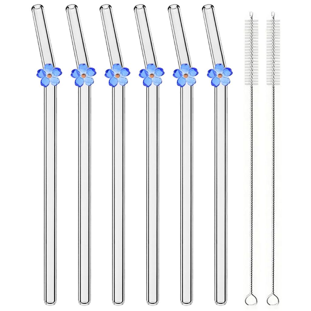 6pcs Flower Drinking Straw Set High Borosilicate Glass Bent Straws Set with Brush Milk Shake Coffee Cocktail Straw Bar Drinkware