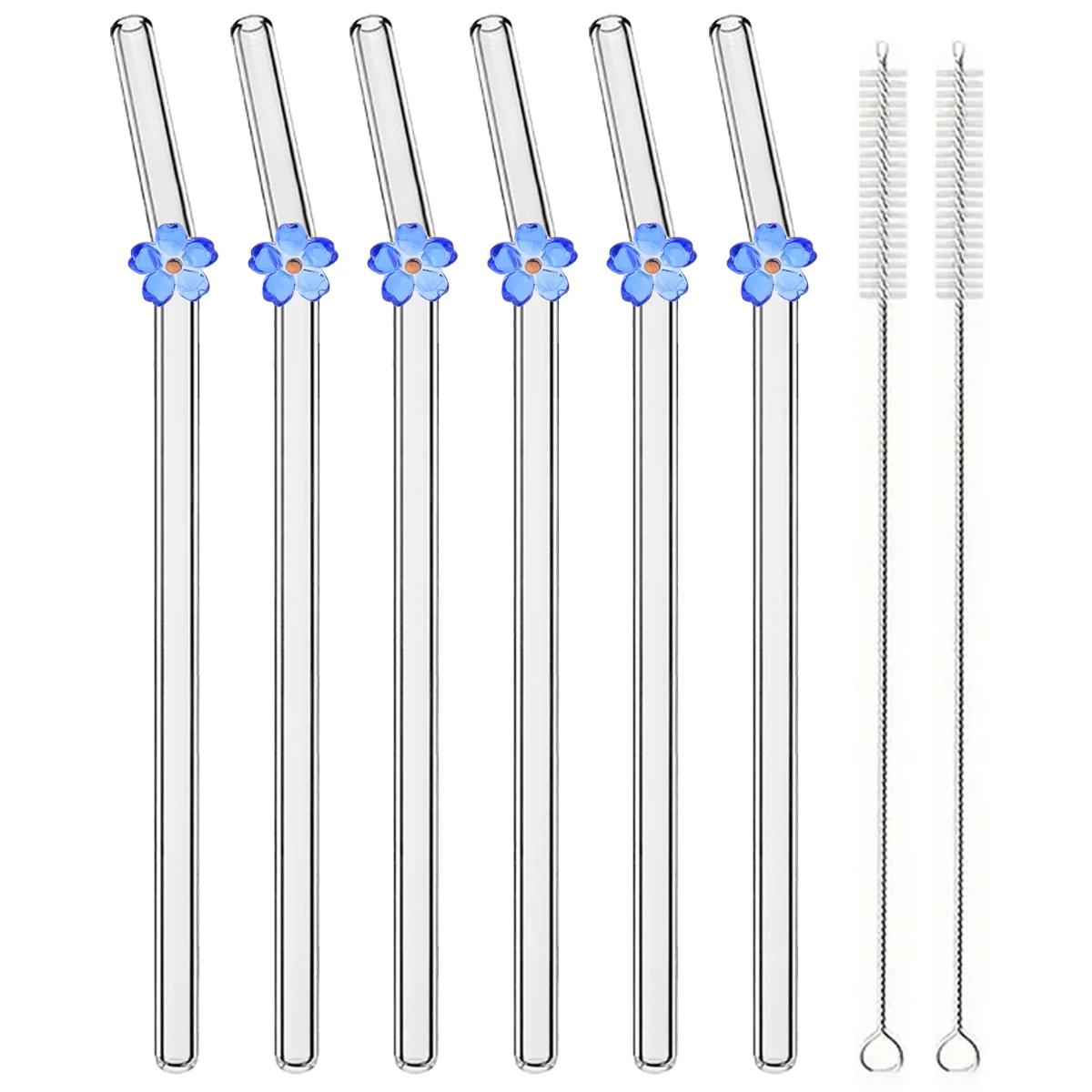 

6pcs Flower Drinking Straw Set High Borosilicate Glass Bent Straws Set with Brush Milk Shake Coffee Cocktail Straw Bar Drinkware