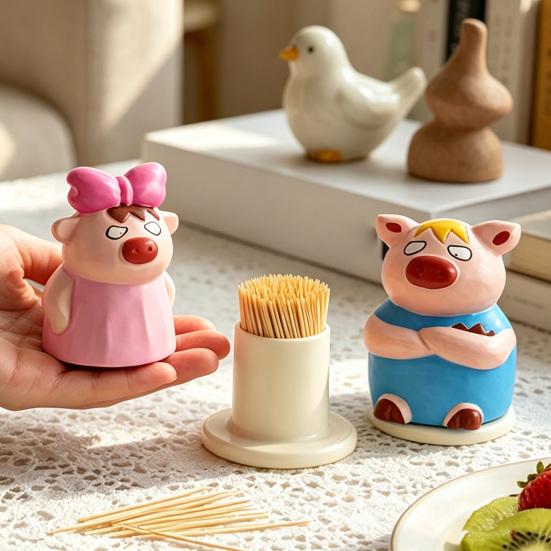Toothpick Box with Dust-Proof Piggy Cover Large Capacity Hygienic Storage Container Moisture-Proof Cute Piglet Design Toothpick Holder