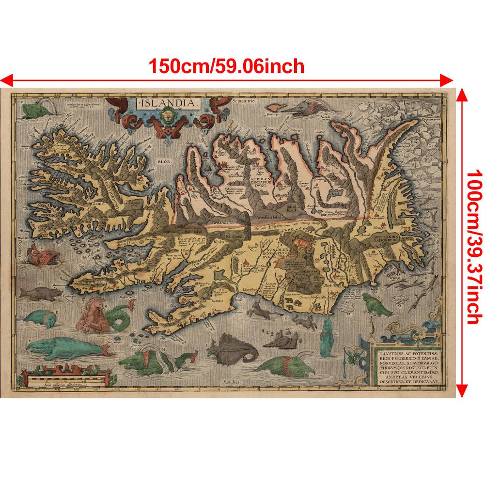 Vintage 1585 Iceland Map Poster, Art Print with Sea Monsters, Retro Nordic Home Decor Wall Hanging for Living Room & Office