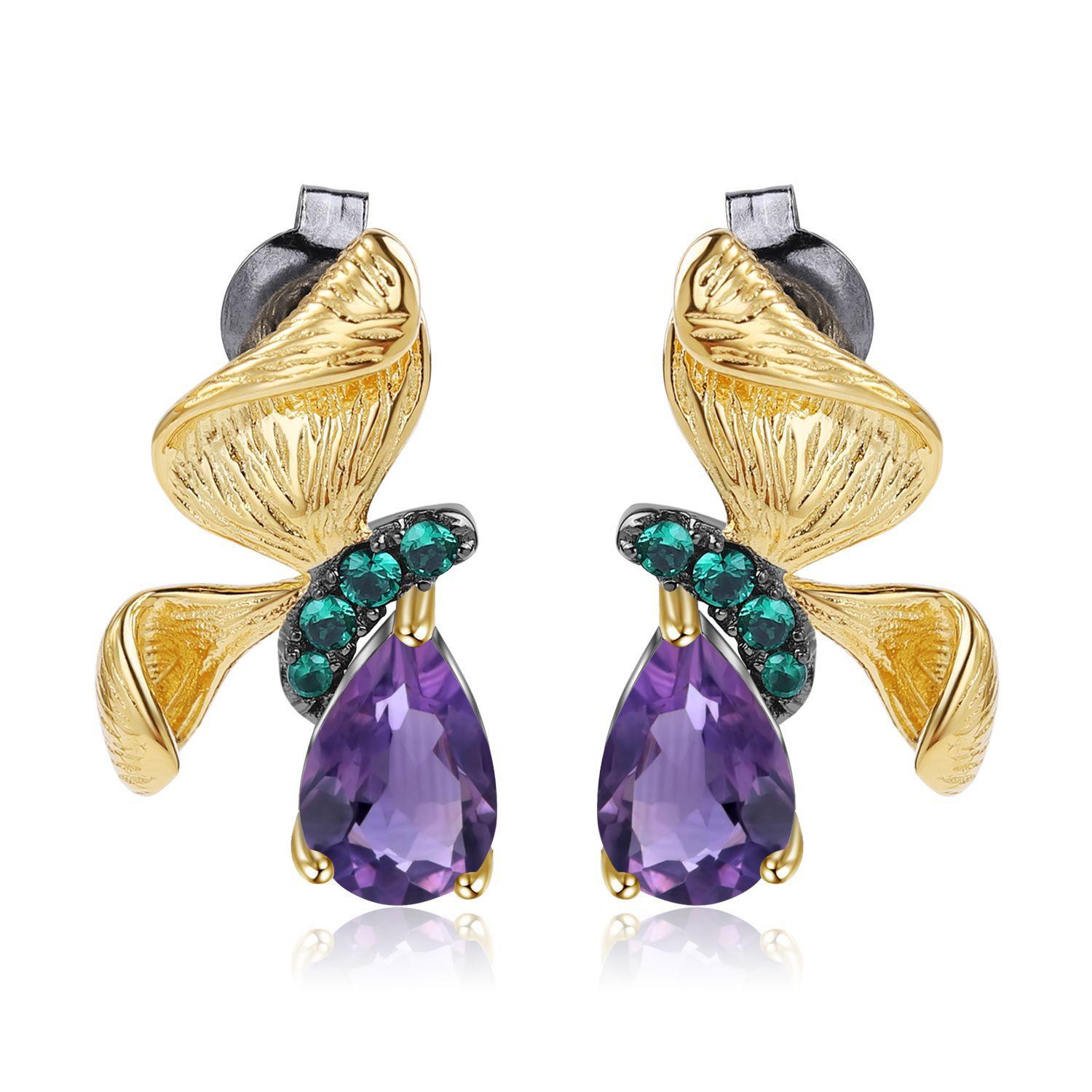 

Оригинальные дизайнерские серьги-бабочки в естественном стиле, серебряные серьги 925 пробы с натуральным драгоценным камнем и аметистом, серьги