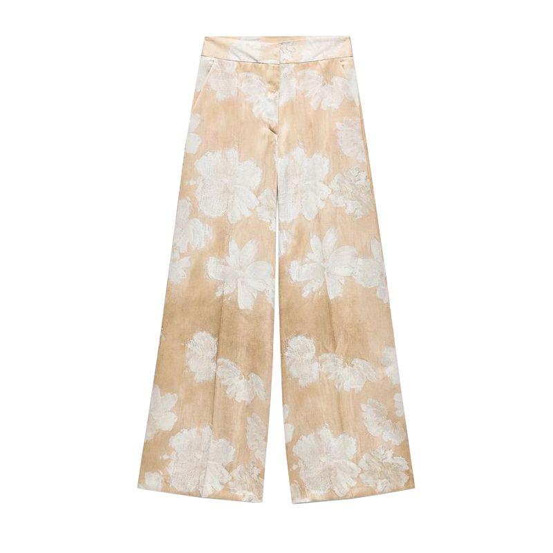 

Spring New Two-Piece Suit Casual Pants 8799175 Flowers Print Silk Satin Textured Shirt 8925171 Nude Pants L